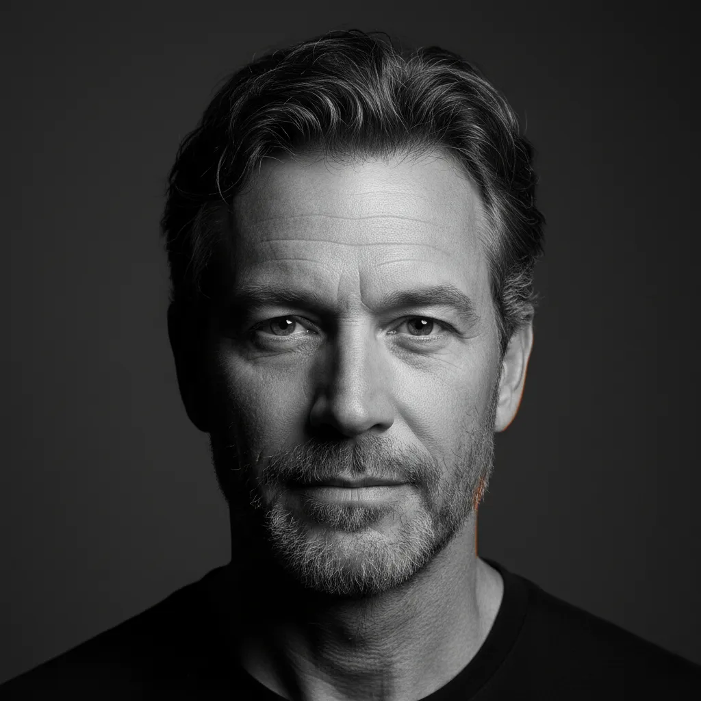 Desaturated high-contrast photo of Mark T.
