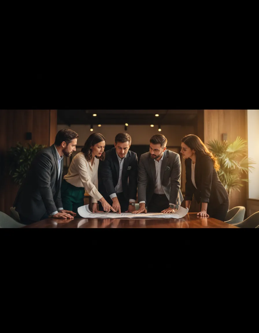 Equipo de expertos colaborando y asesorando en desarrollo corporativo