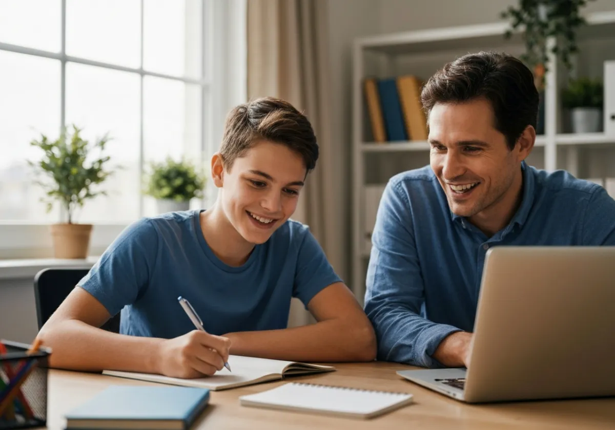 Parent and 14-year-old boy smiling at a desk while he writes a story in a notebook and the parent works on a laptop