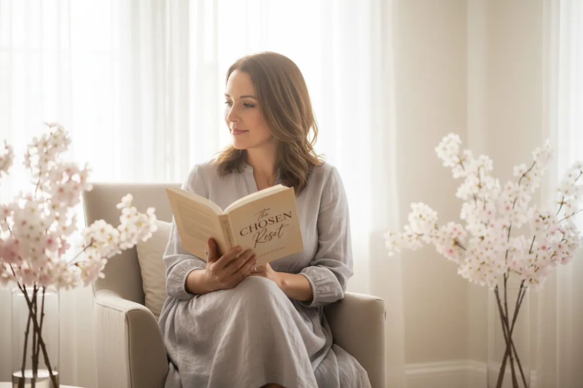 A soft-lit, artistic photo of a woman in her 30s, sitting by a window with a gentle smile, holding an open book titled 'The CHOSEN Reset'. The background is bright and airy, with subtle floral accents, evoking hope and renewal.
