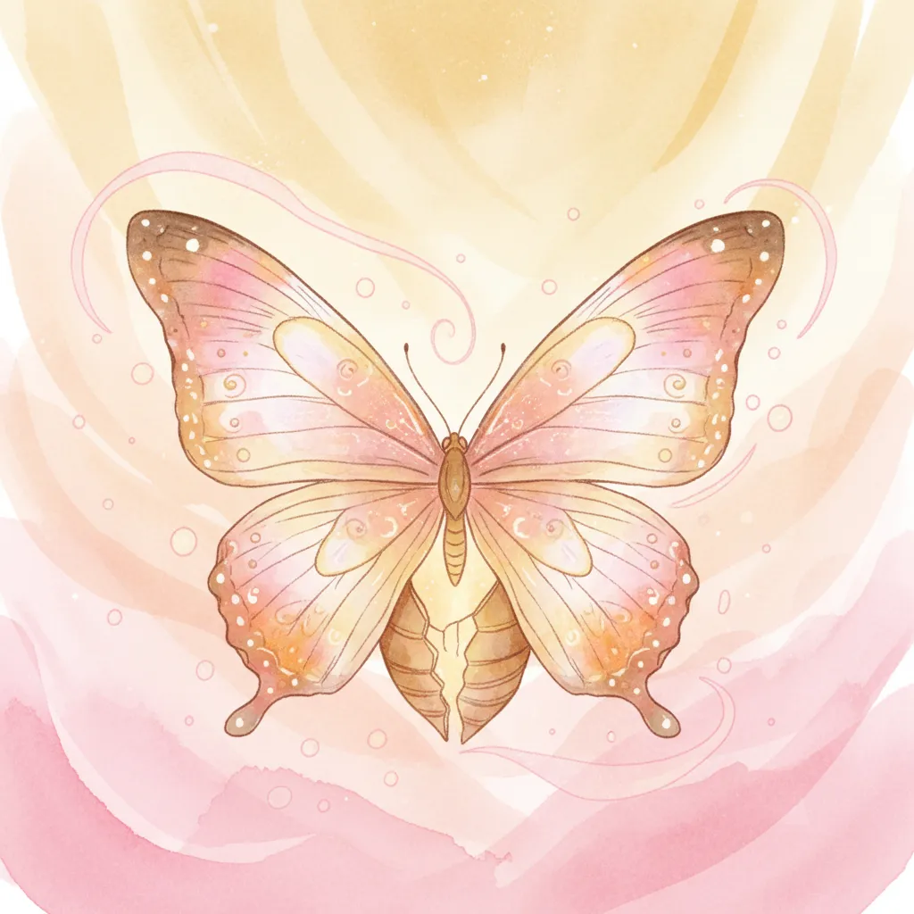 A vibrant, hand-drawn illustration of a butterfly emerging from a chrysalis, set against a soft watercolor background. The image symbolizes transformation and new beginnings, with gentle pink and gold hues.