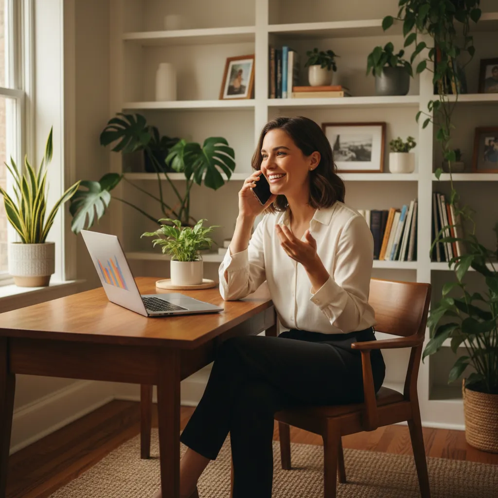 A real estate agent, late 20s, speaking on the phone in a cozy home office with bookshelves and plants. The agent is smiling, using a laptop, and appears relaxed yet professional. The setting is warm and inviting. 1:1 aspect ratio.