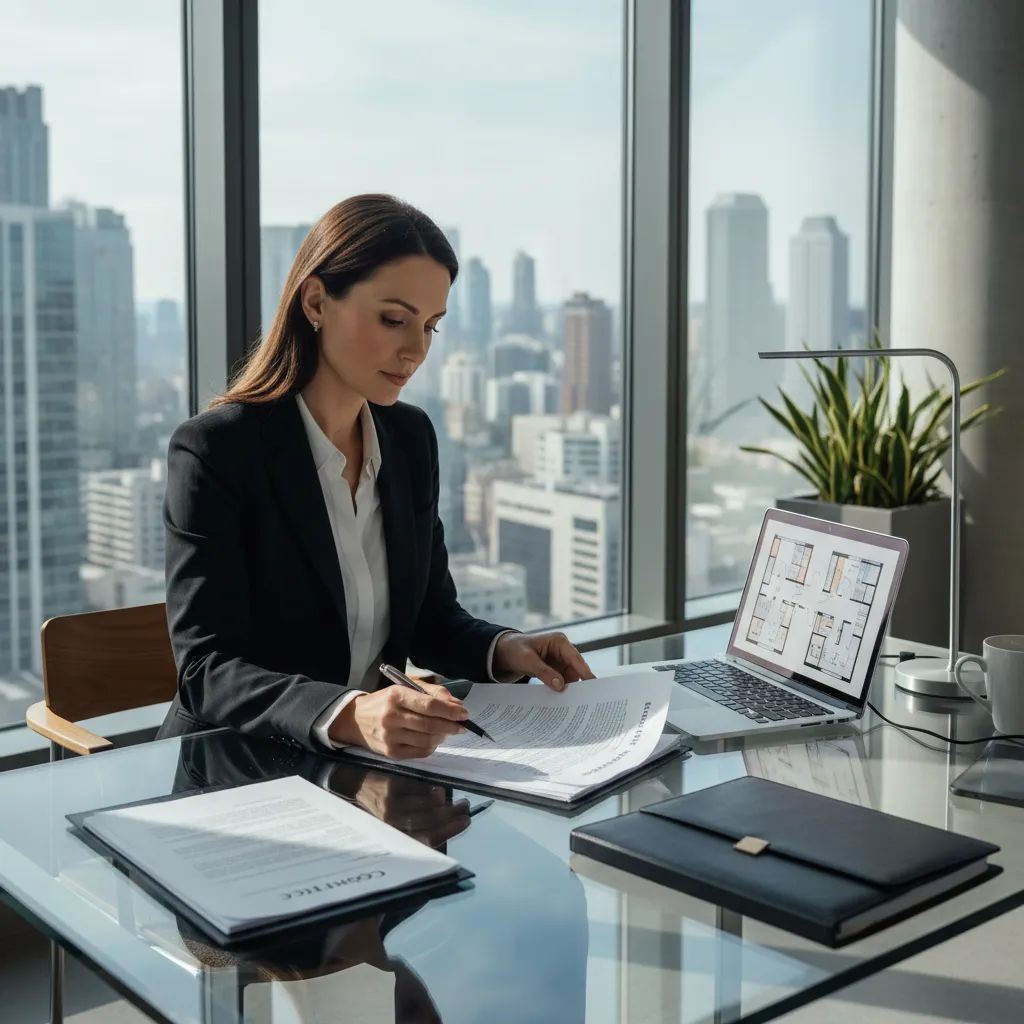 A real estate agent, early 40s, reviewing a contract at a sleek glass desk in a minimalist workspace. The agent is focused, with paperwork and a laptop in front, and a cityscape visible through the window. 1:1 aspect ratio.