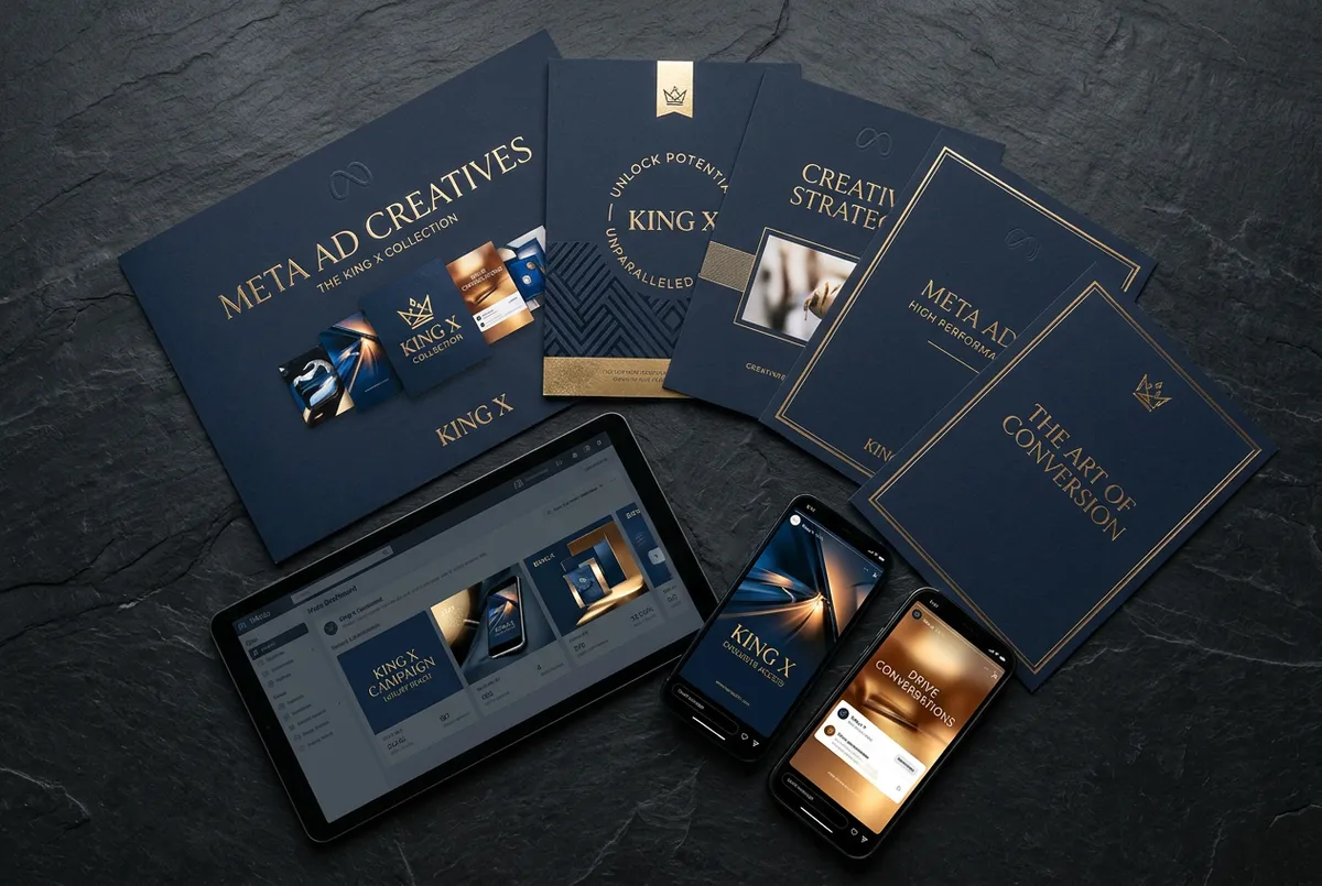 Meta Ad Creatives campaign dashboard and high-fashion visual assets