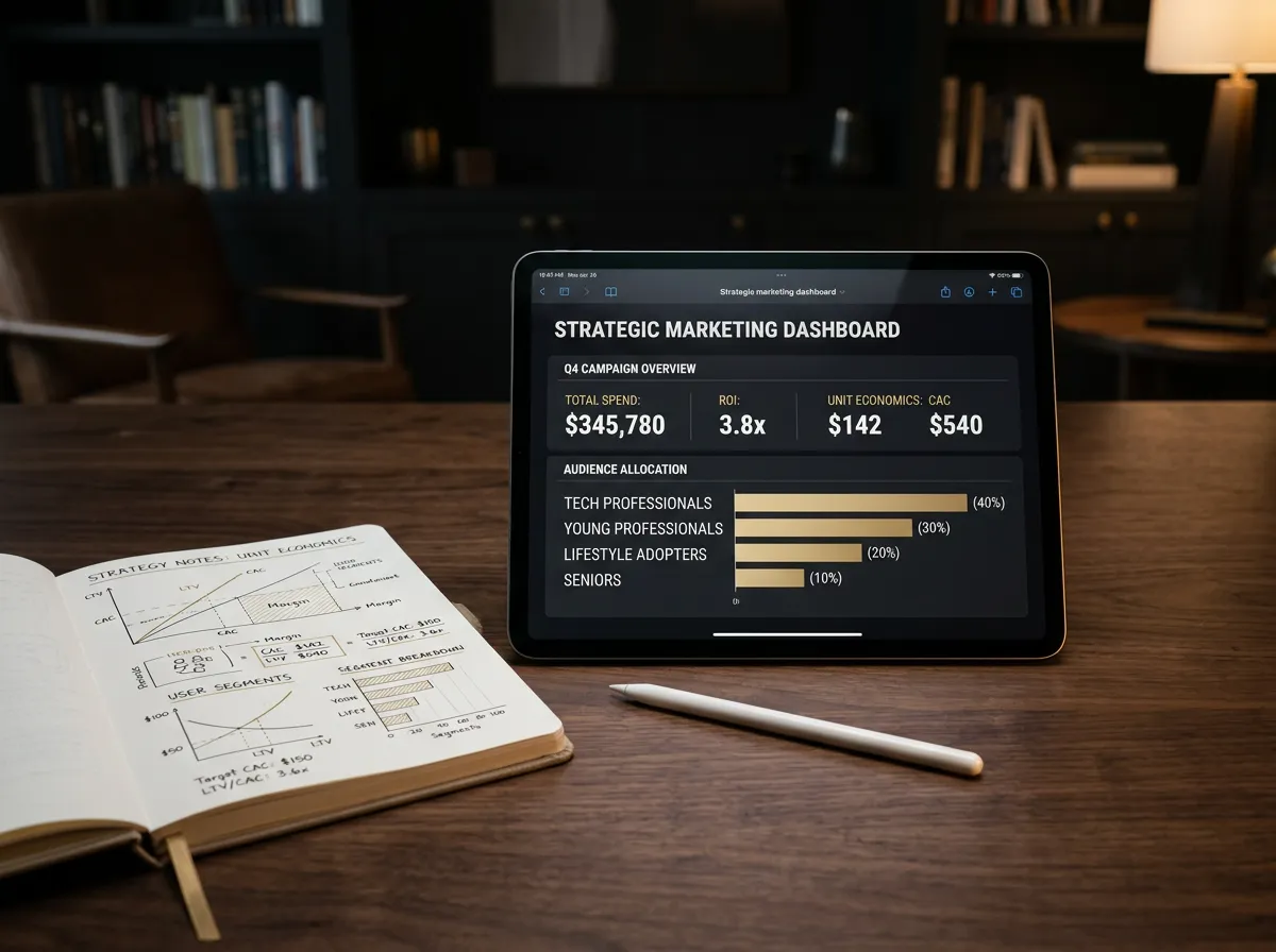 Strategic marketing planning dashboard displaying unit economics and audience allocation