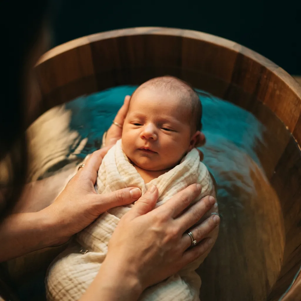 Newborn baby resting calmly in warm water with gentle parental support