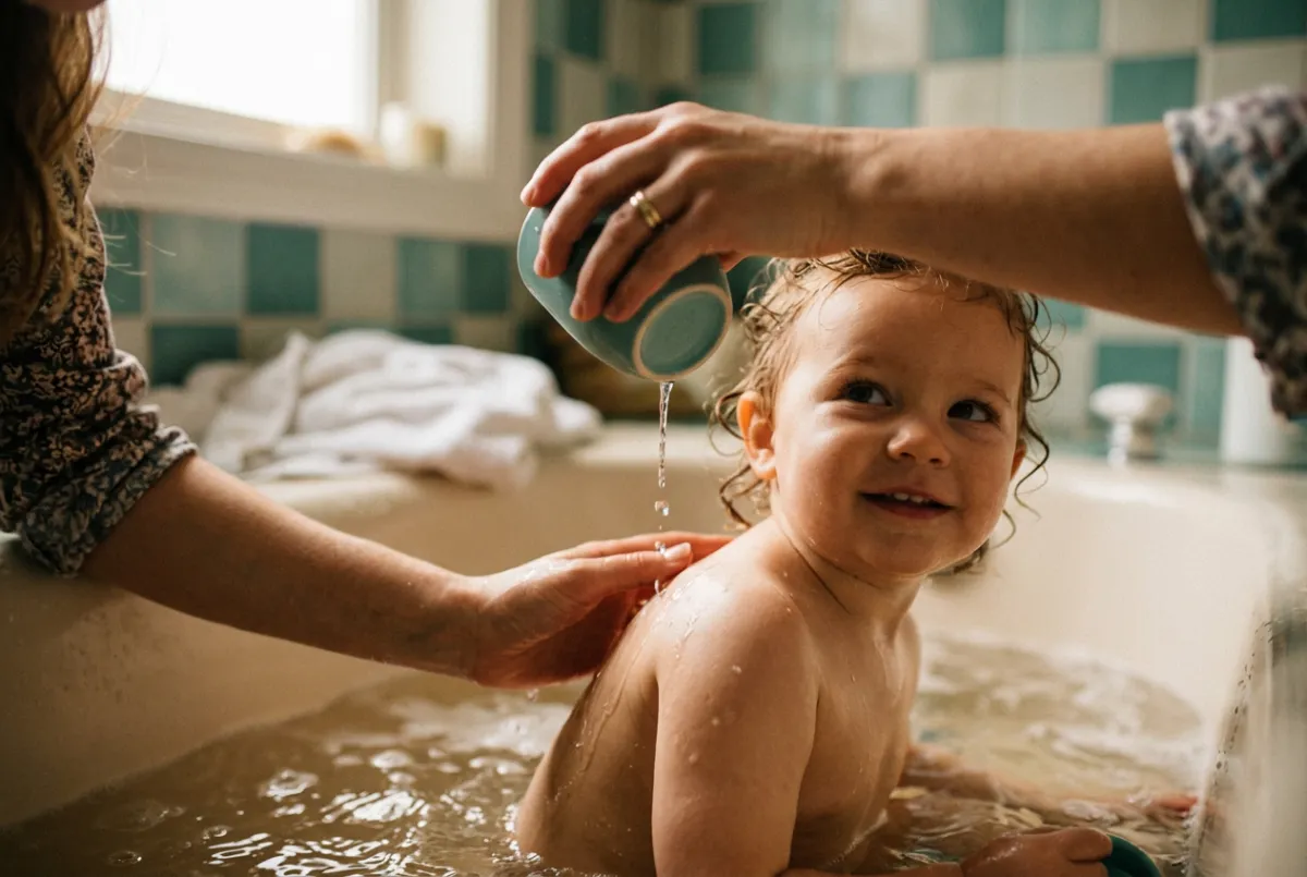 Parent pouring warm water softly over a smiling toddler forehead to build sensory tolerance