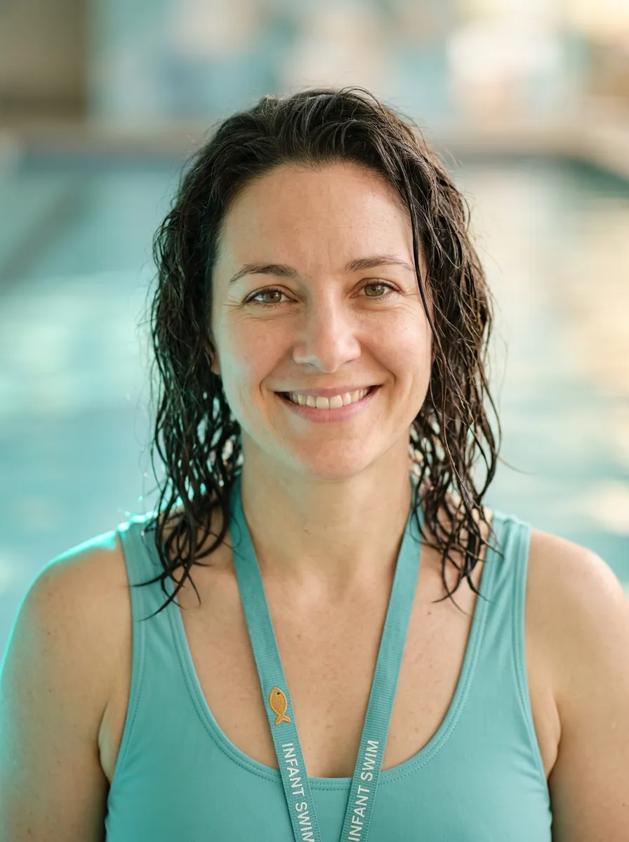 Warm and friendly infant swim instructor smiling by the water