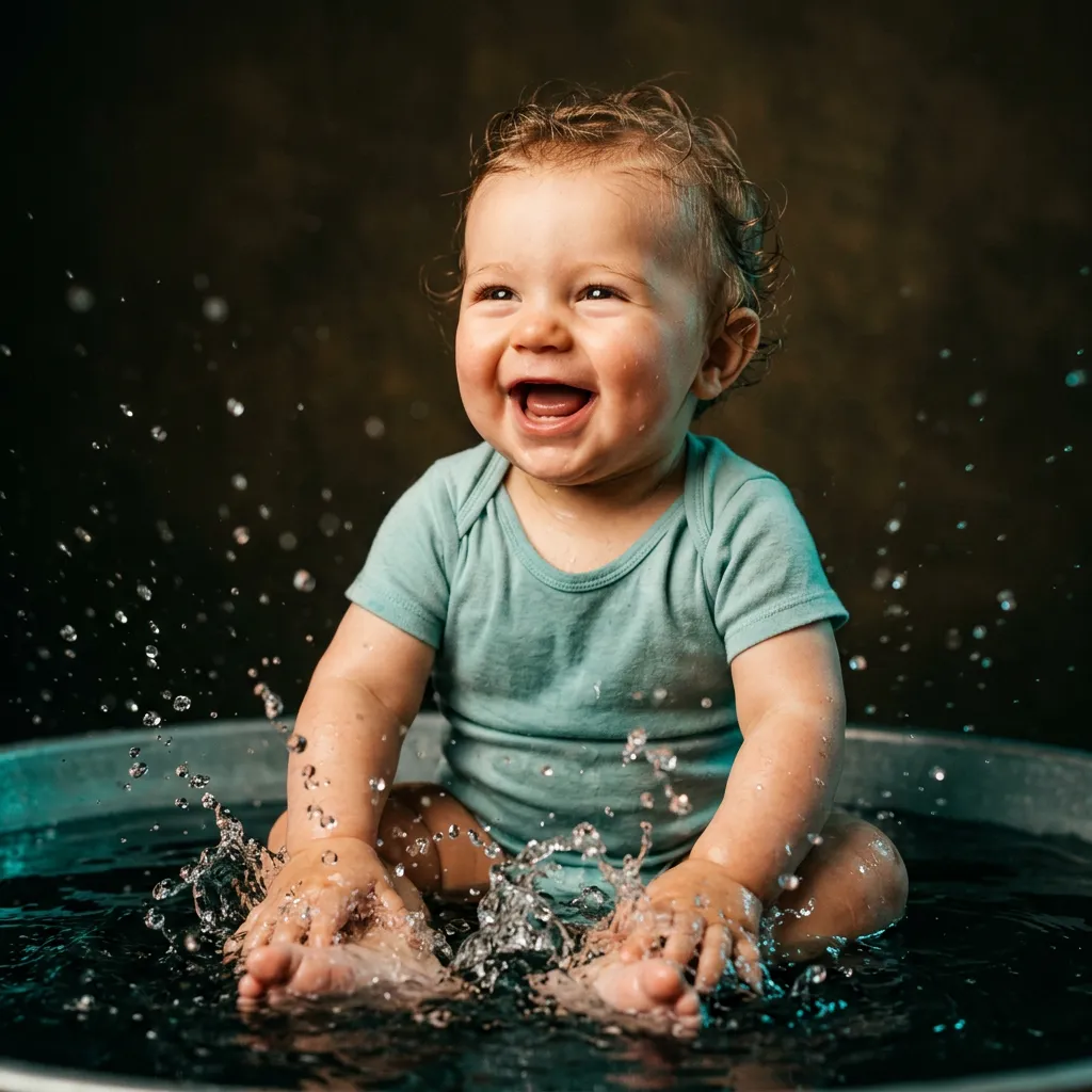 Infant smiling and splashing happily during interactive bathtub routine