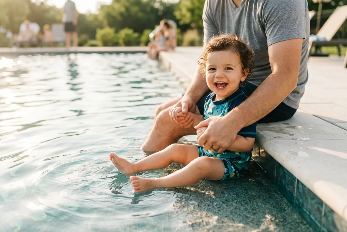 A happy toddler confidently holding a parent hand on swimming pool steps with zero fear