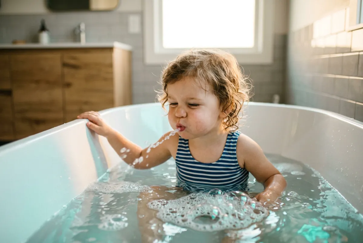 Toddler learning breath control and blowing gentle bubbles during warm bath routine