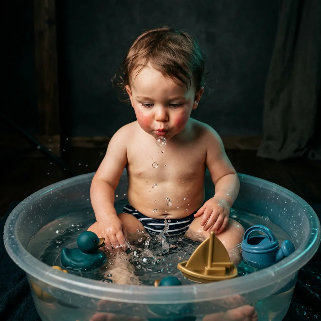 Parent gently introducing a baby to water during a calm bathtub routine (water confidence at home)