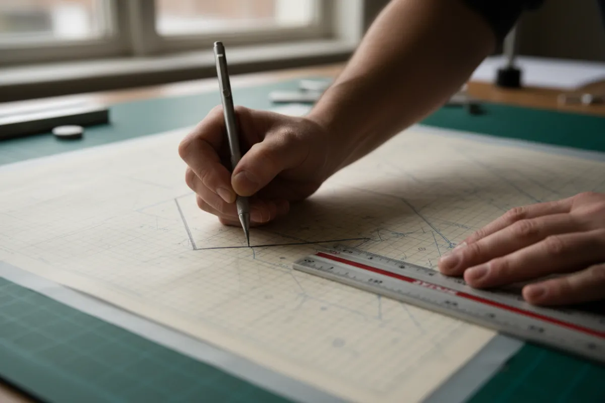 Drafting technician tracing parcel lines on printed plats with mechanical pencil and scale ruler at a drafting table.