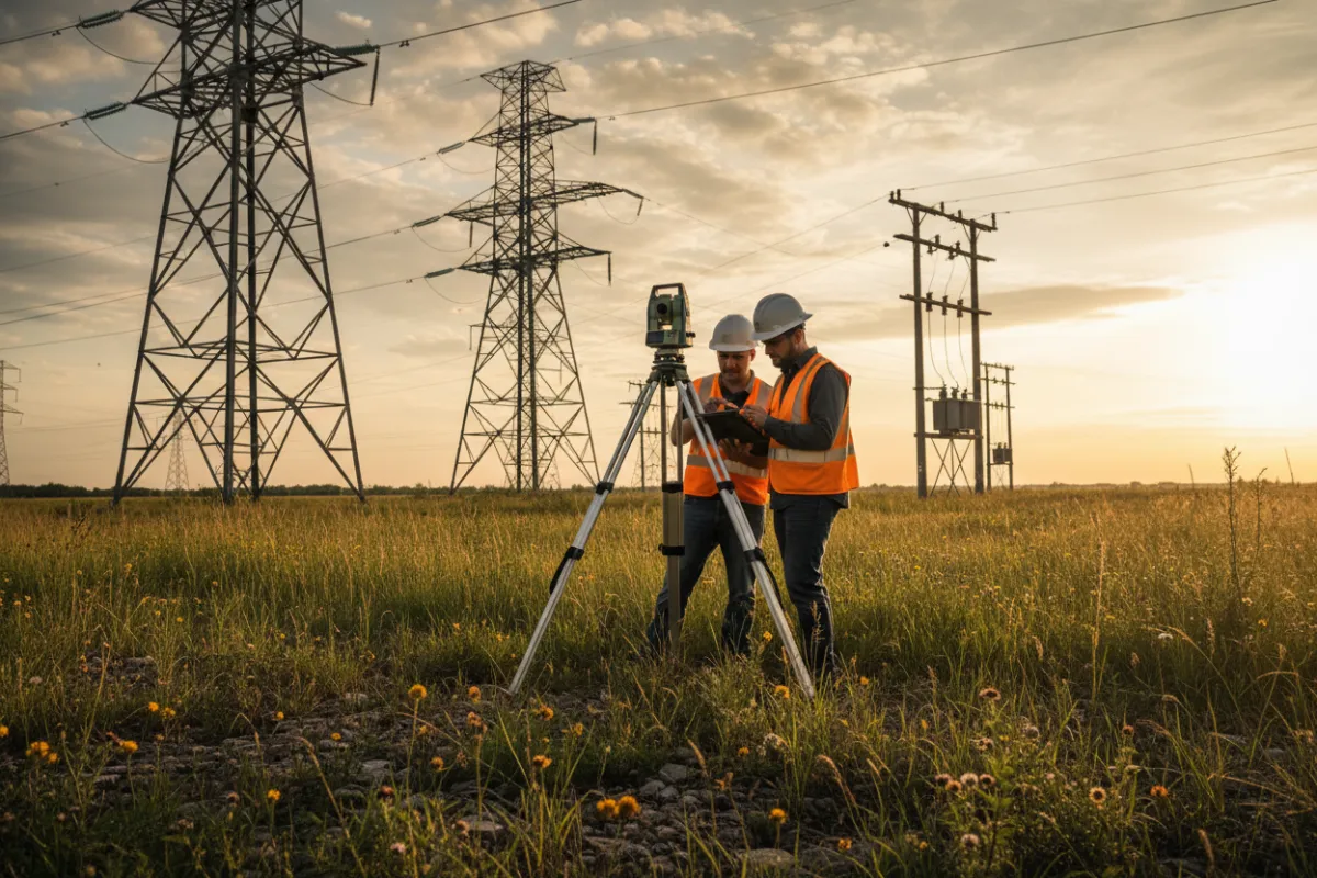 Survey crew on a grassy site using a tripod instrument and reviewing measurements in a utility corridor.