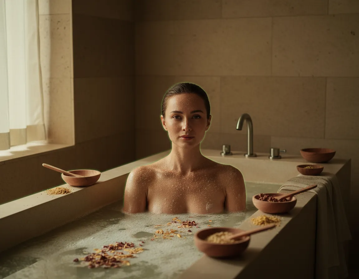 Woman enjoying natural botanical exfoliation bath