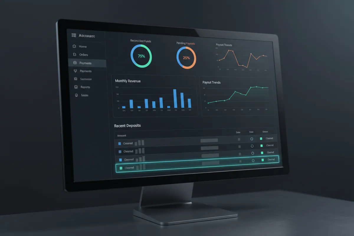 E-commerce dashboard close-up showing reconciliation and payouts with charts and deposits.
