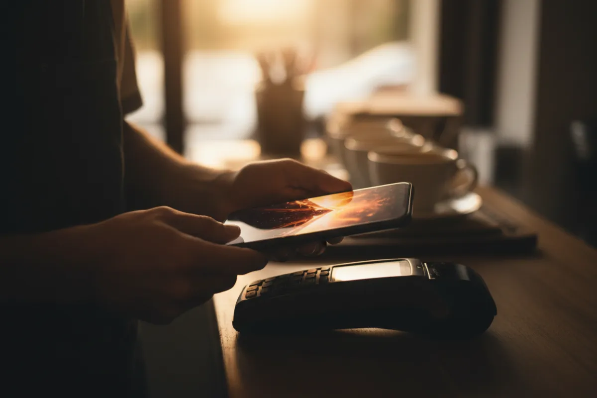 Close-up of a mobile payment screen being used by a barista over a terminal.
