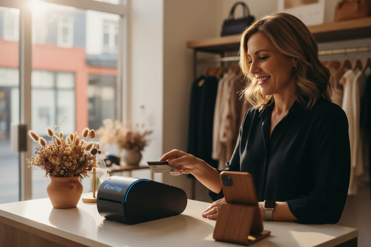 Retail owner at checkout using FlowPay terminal in a boutique storefront, showing tap-to-pay.