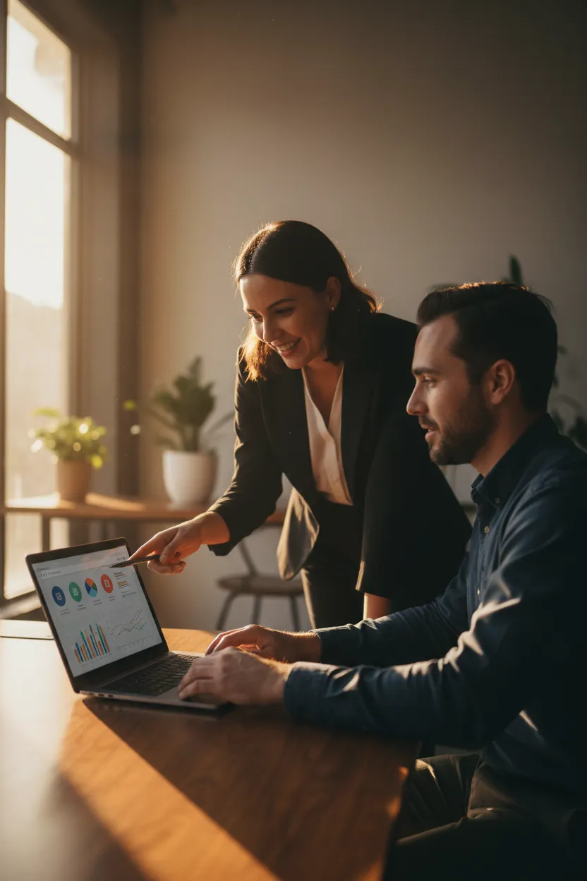 Support specialist guiding a small business owner on onboarding at a laptop in a modern office.