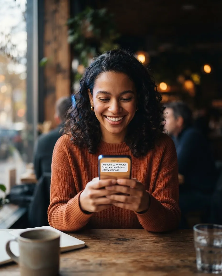 Smiling person happily looking at a welcome SMS notification on their phone