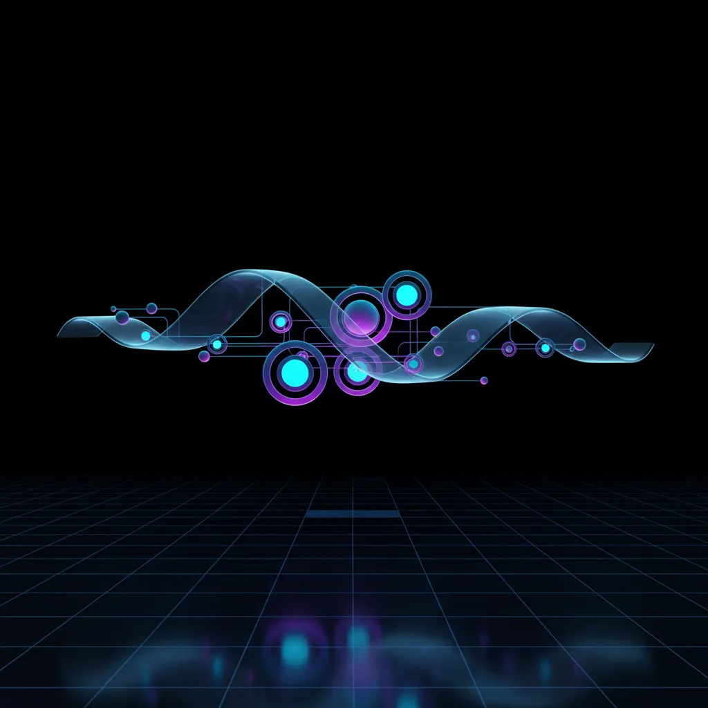 Abstract waveform and neon nodes above a dark glass grid representing live audio AI processing.