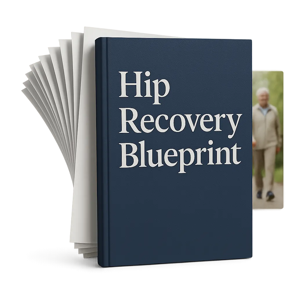 3D layered eBook preview stack of Hip Surgery Recovery Guide alongside an active individual walking comfortably outdoors