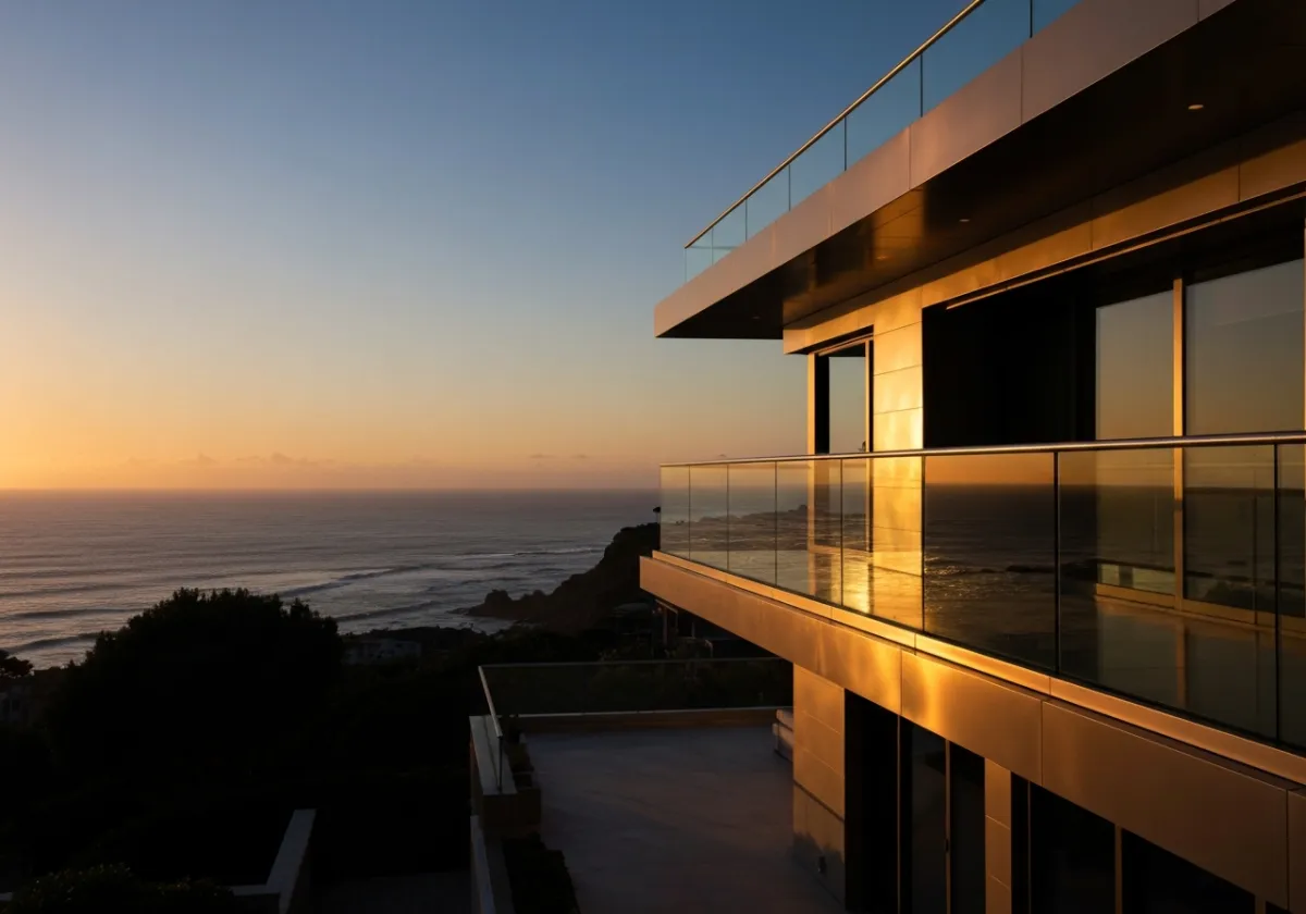 Oceanfront contemporary mansion at sunset