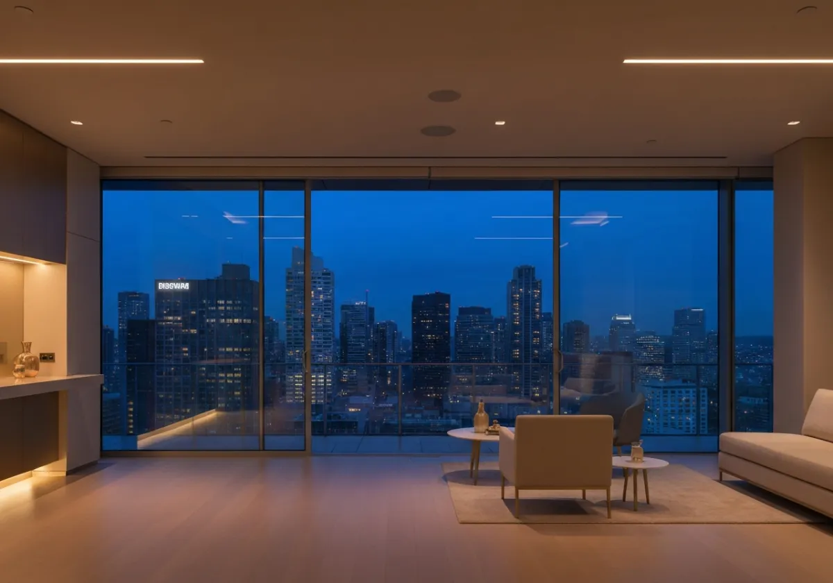 Luxury penthouse interior with panoramic city skyline views