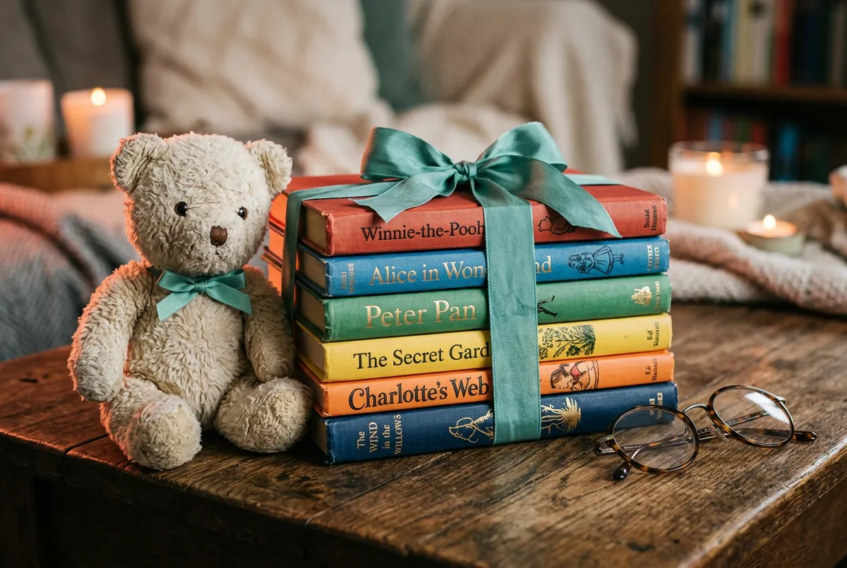 A warm, whimsical stack of classic illustrated children's storybooks tied with silk ribbon beside sensory wooden props