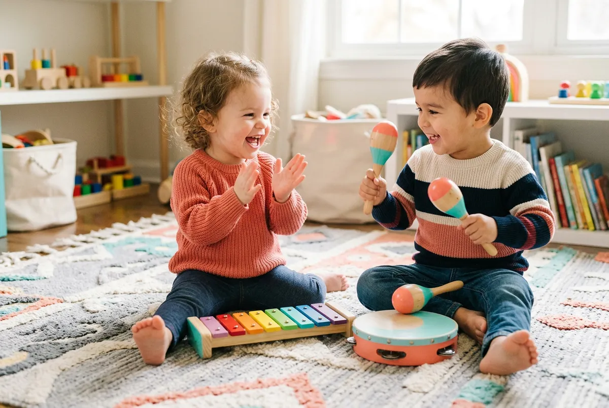 Toddlers engaging in energetic musical rhythm games and active movement play