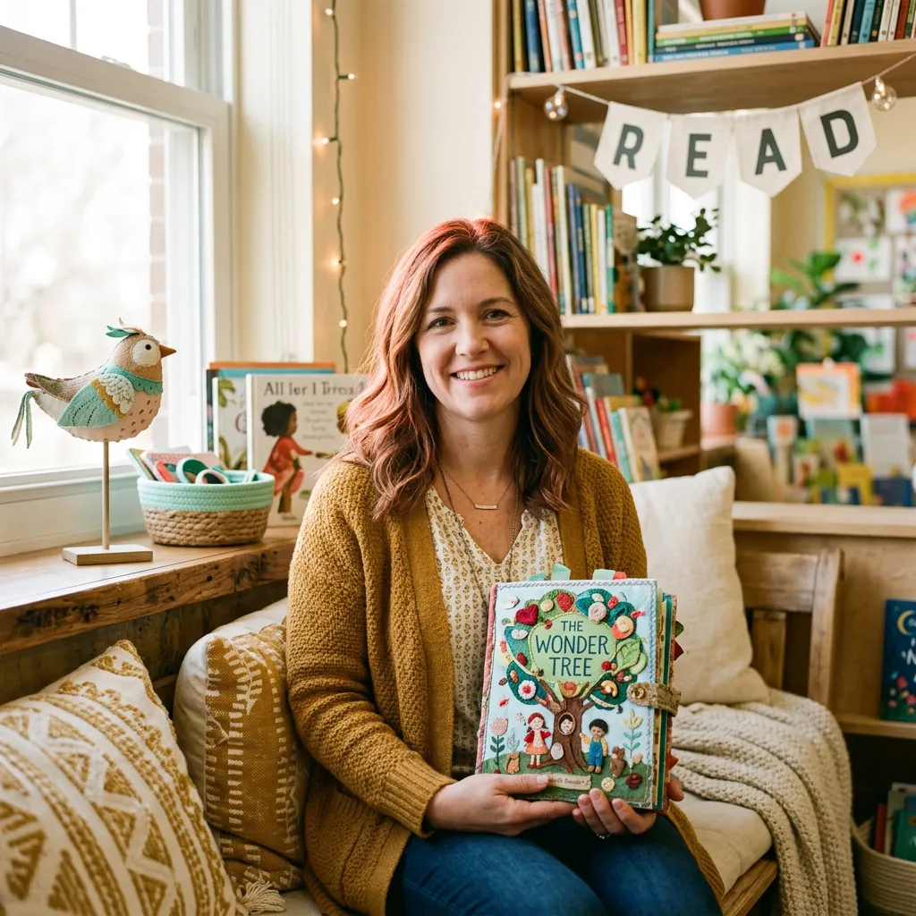 Miss Erika holding a whimsical handcrafted storybook prop and smiling warmly in a sunlit classroom