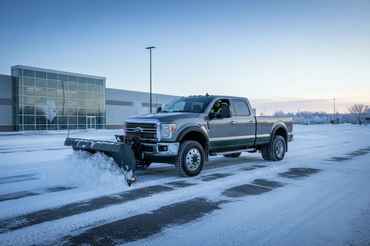 Realistic TriPoint Lawn & Snow Co. truck equipped with a plow clearing a local business parking lot during winter.