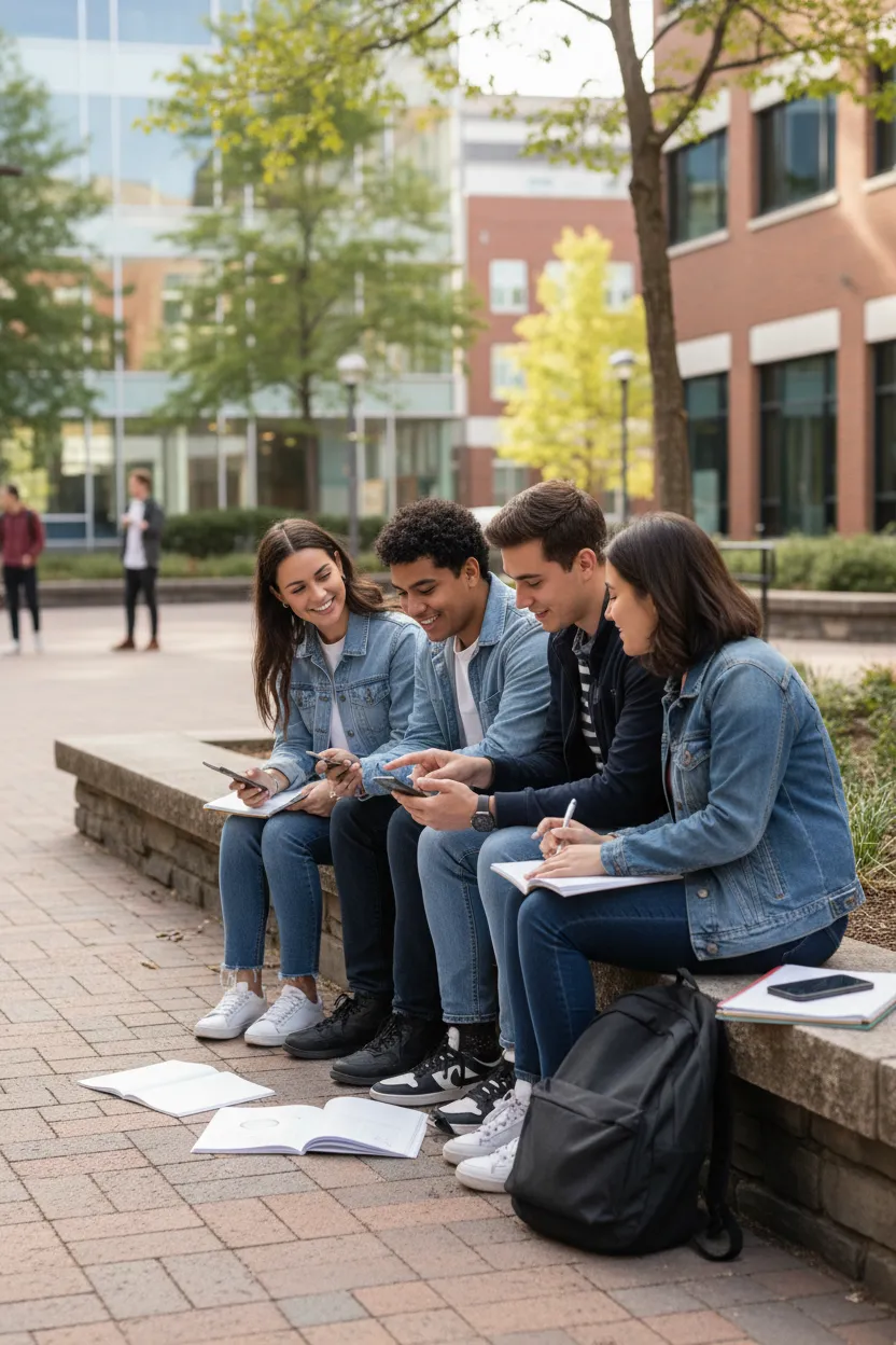 Wide portrait of a mixed group of students collaborating over phones and notebooks