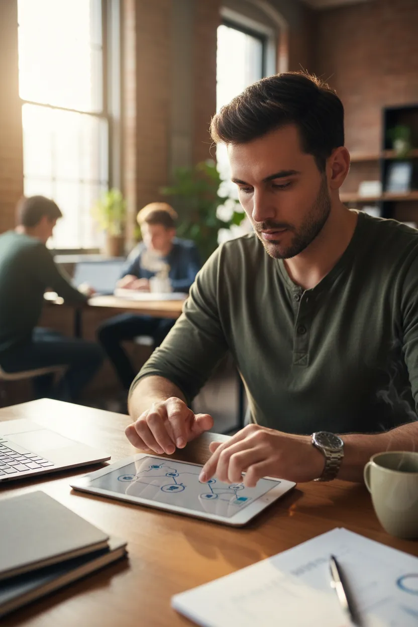 Portrait of a focused 25-year-old college entrepreneur planning a social campaign on a tablet