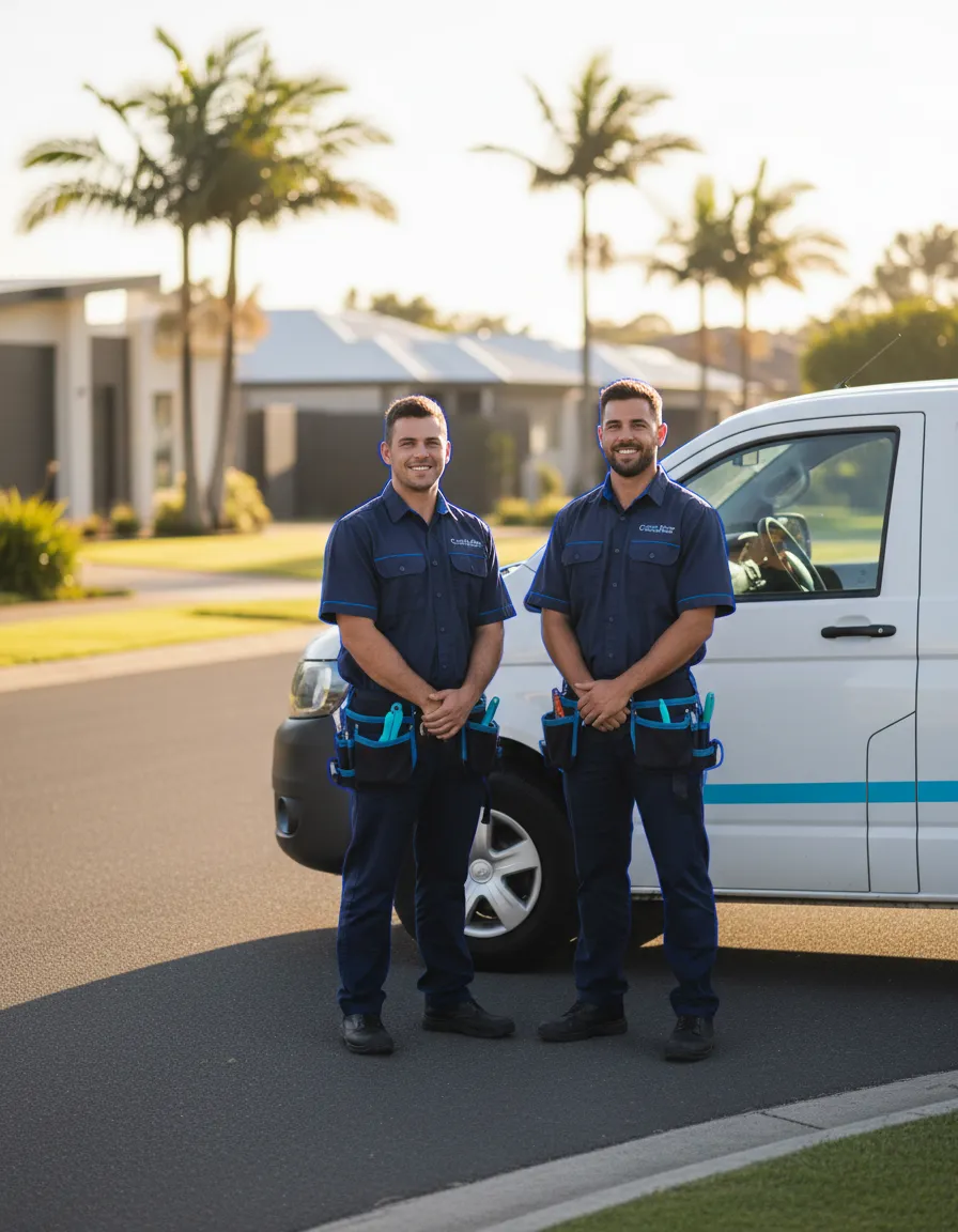 Coastal Flow Plumbing team in uniform by their service van