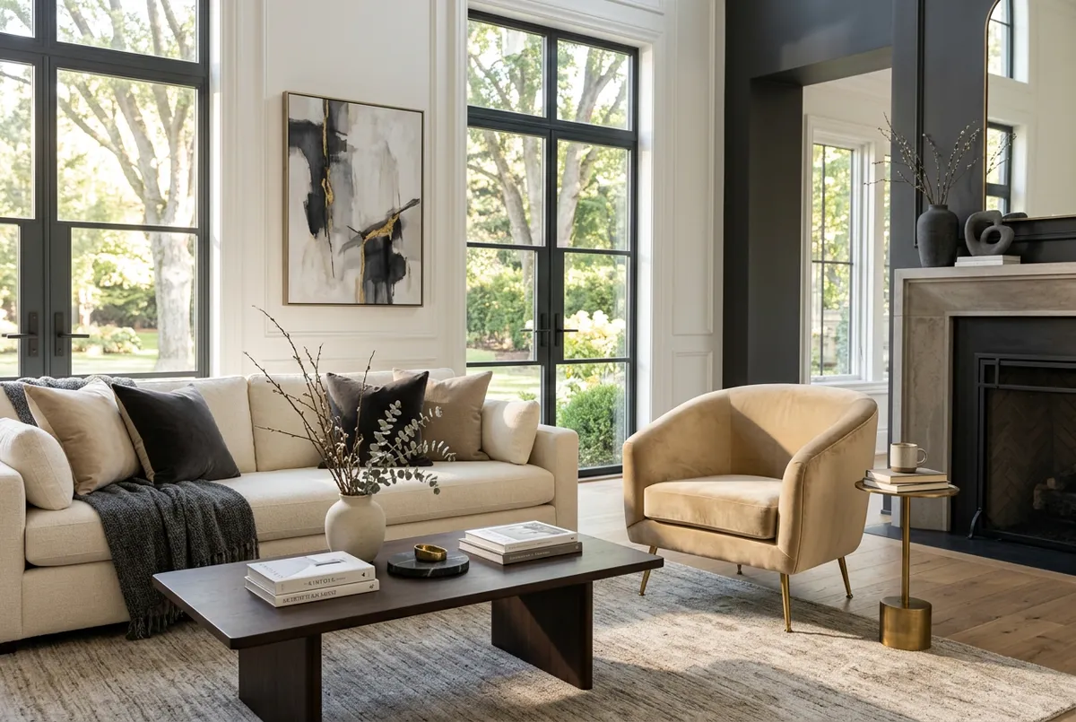 Sunlit luxury living room interior with contemporary architectural design