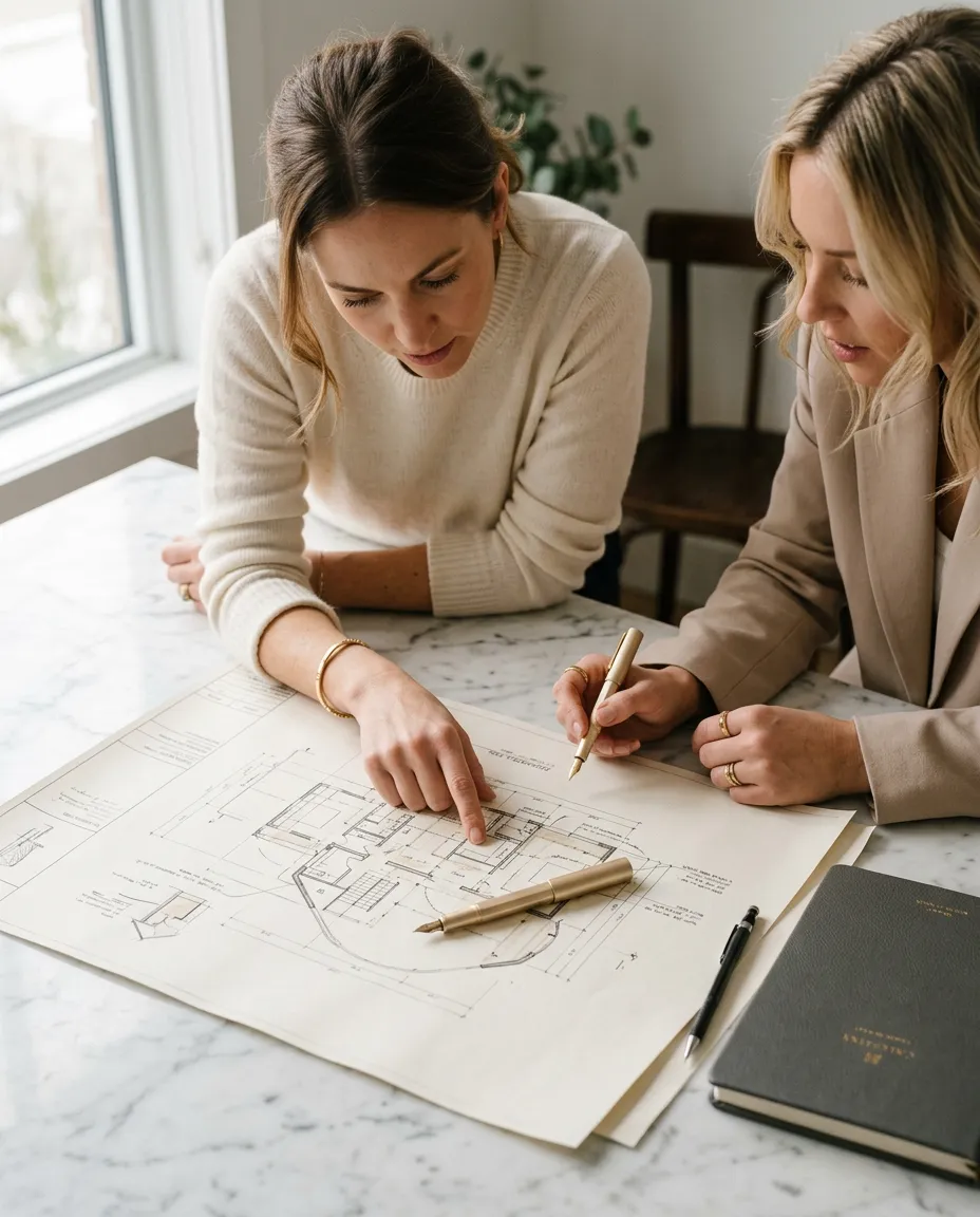 Warm editorial photograph of tailored architectural consultation notes and pristine interior finishes