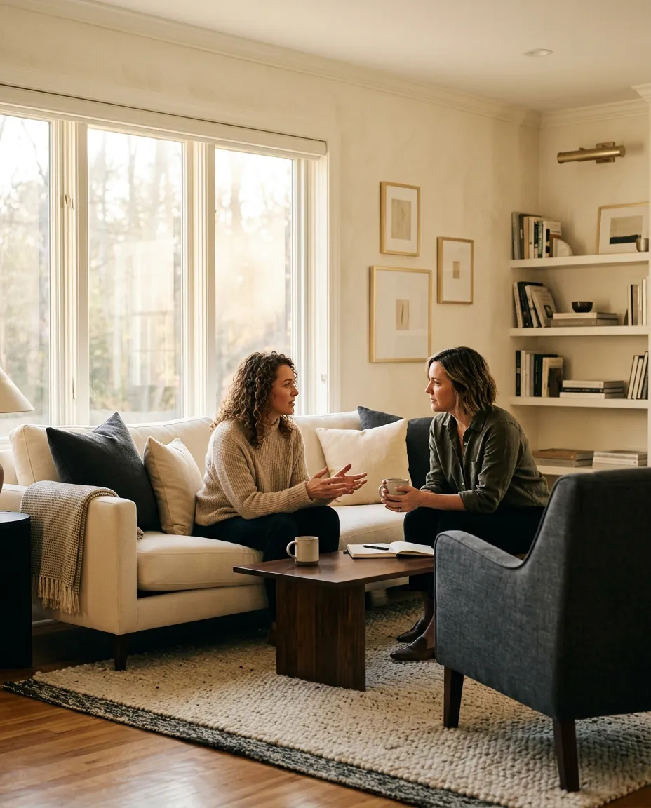 Warm lifestyle photo of an authentic and focused discussion in an upscale sunlit living room