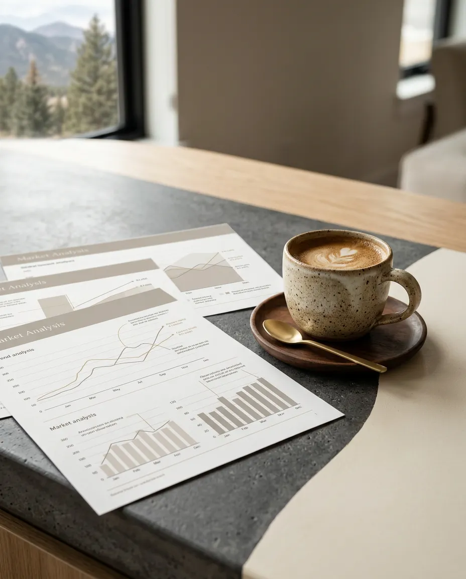 Editorial photograph showing market analysis charts alongside artisanal coffee in a modern Colorado Springs estate