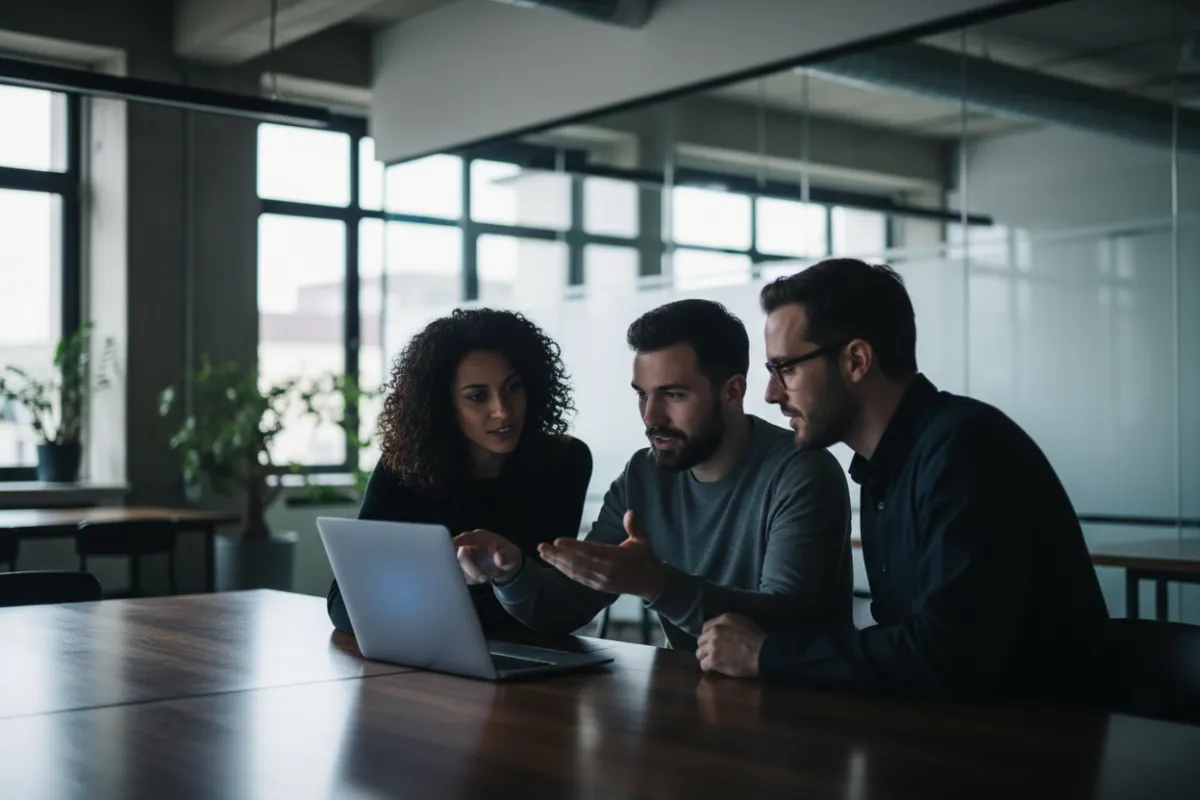 US-based team collaborating over a laptop in a modern office