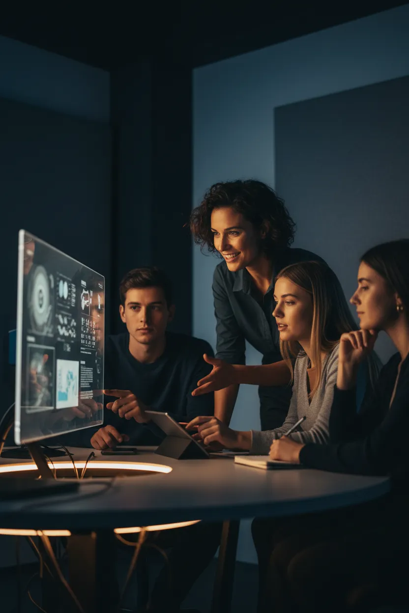 Mentor coaching a small team in a hybrid workspace.