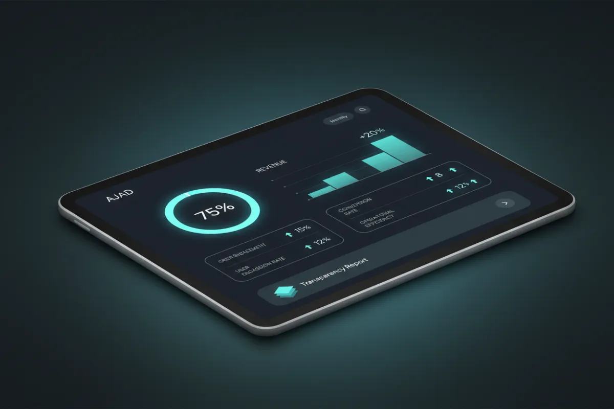 Monthly report illustration highlighting key KPIs in aqua tones