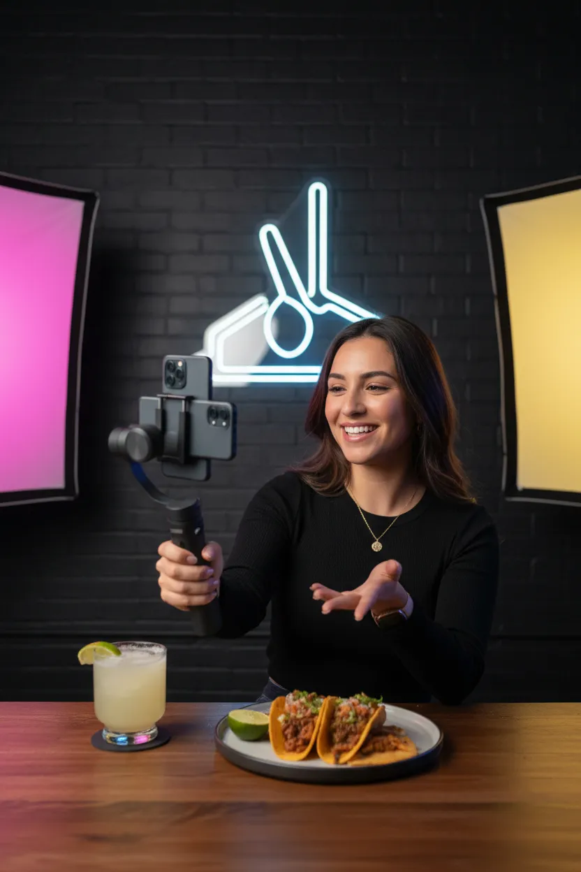 Content creator recording short-form video for a local restaurant.