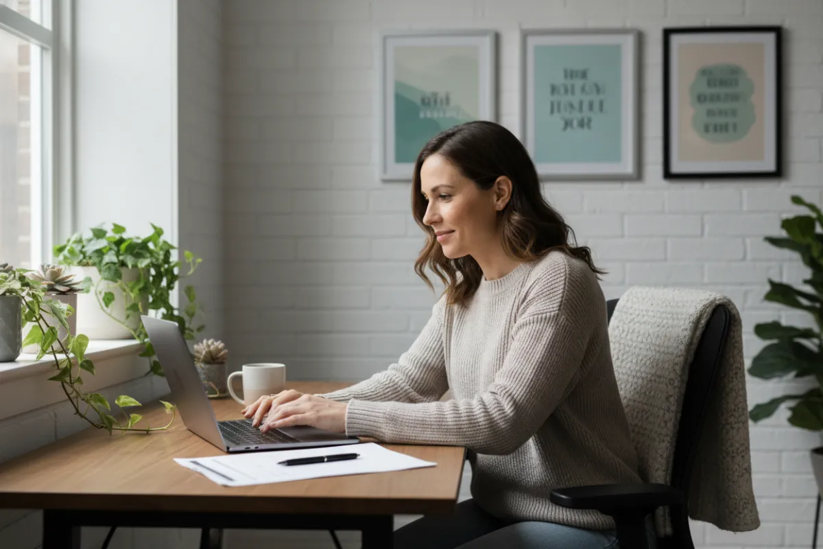 A small business owner, mid-30s, filling out a digital form on a laptop in a cozy workspace. The background features plants and motivational posters, creating a welcoming, productive atmosphere. The scene conveys approachability and ease of connecting with Blemma Care Connect.