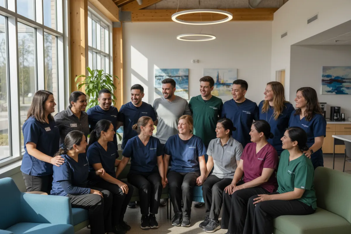 A diverse group of Canadian caregivers, including PSWs and DSWs, standing together in a bright, modern community center, smiling and supporting each other, with natural light and a welcoming atmosphere.