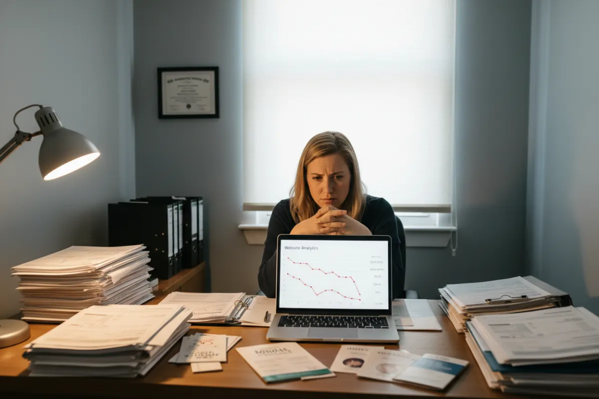 A small healthcare clinic owner, looking concerned, sits at a desk cluttered with paperwork and a laptop displaying low website analytics. The setting is a modest office with muted colors, emphasizing the challenge of digital outreach. 3:2 aspect ratio.