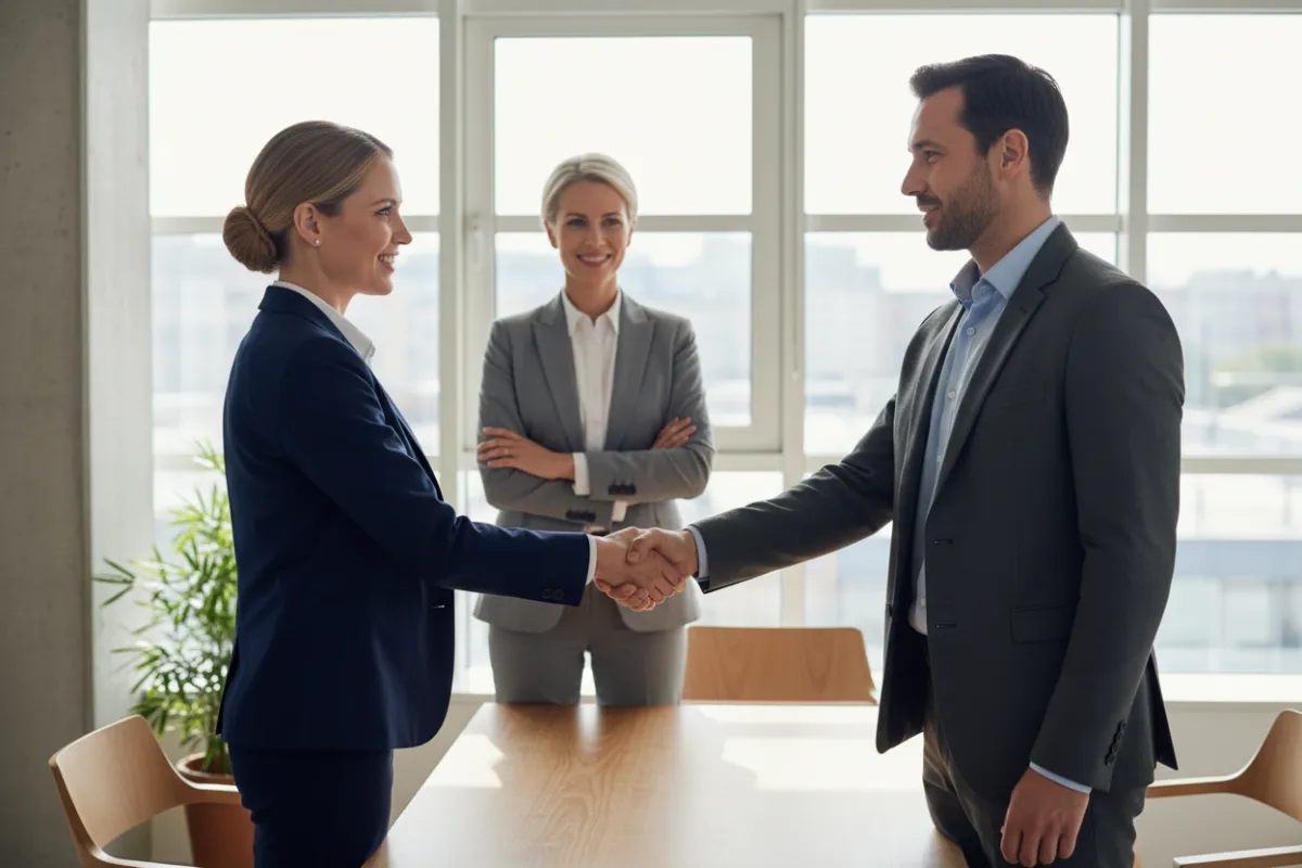 Two healthcare leaders shaking hands in a bright, modern office, with a consultant observing supportively. The atmosphere is optimistic and professional, symbolizing a successful introduction and the beginning of a new partnership.