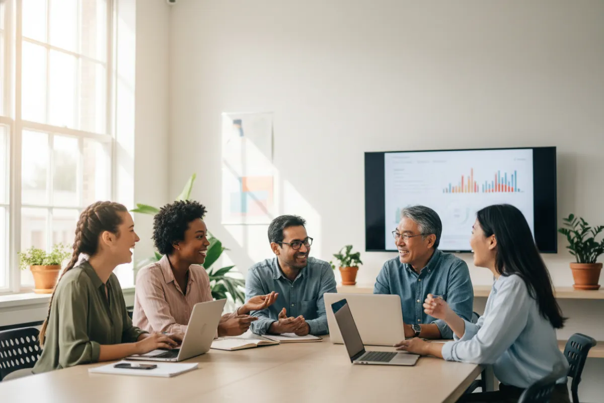 A diverse group of small business employees, including men and women of various ages and backgrounds, gathered in a bright office, smiling and engaging in a team discussion. The setting is modern, with natural light and a sense of collaboration, representing a healthy, productive workplace.