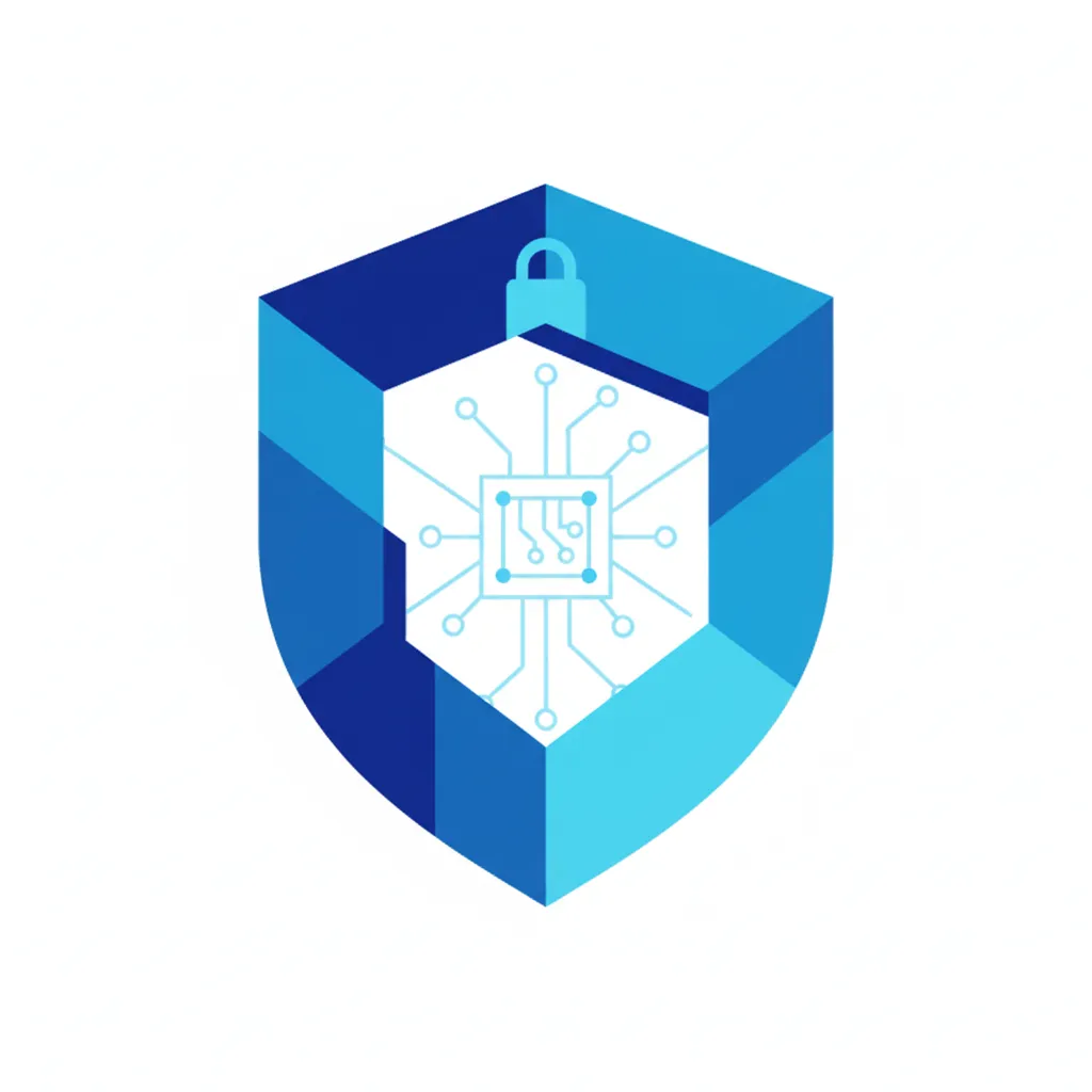 Abstract shield icon in blue tones, representing cybersecurity and digital protection, set against a clean white background.