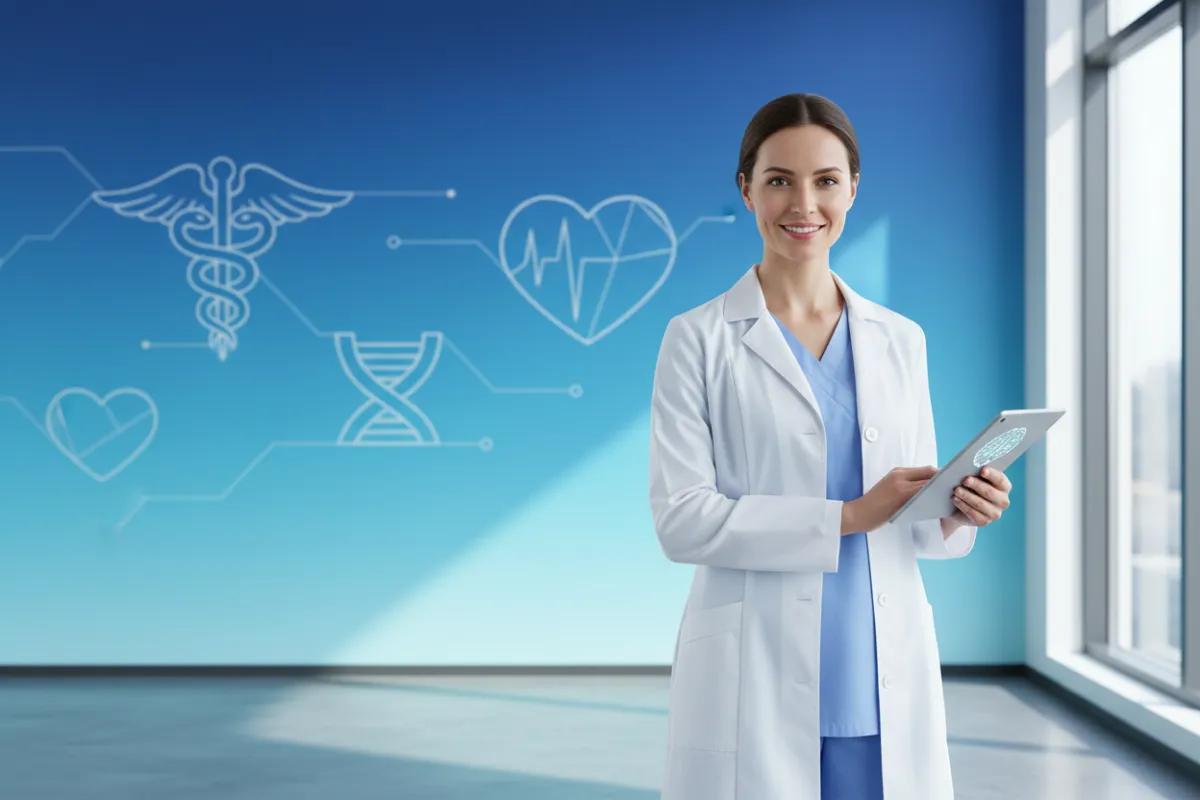 A confident healthcare professional in a white coat, holding a digital tablet, stands in a modern, sunlit office. The background features subtle blue gradients and abstract medical icons, conveying innovation and trust. The style is crisp, clean, and professional, with a 3:2 aspect ratio.